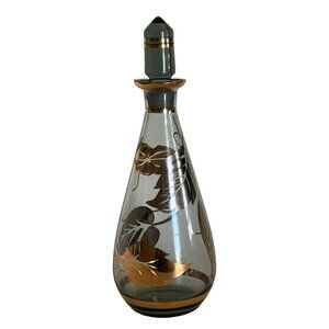 Vintage Mid Century Bohemia Czech Crystal Gold/Silver Leaf Decanter Carafe - 8in